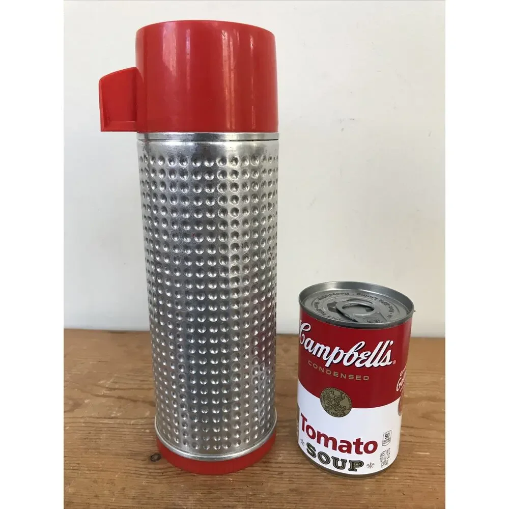 Vintage Aladdin Thermos 71B Dimpled Aluminum Red Top Bullet Thermo King Qt 032B